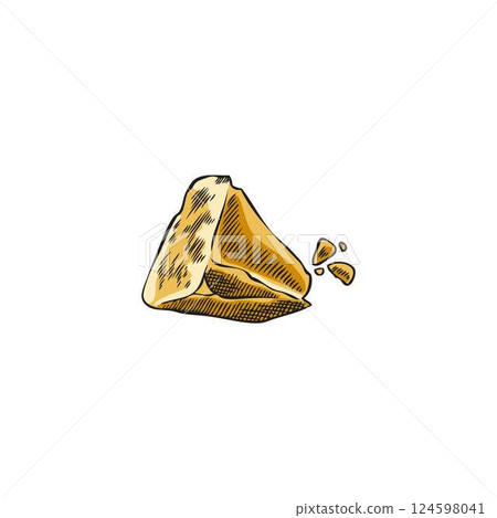 Parmesan cheese grated pieces vector sketch, milk food production, hand drawn healthy snack, yellow cheese brick parts 124598041