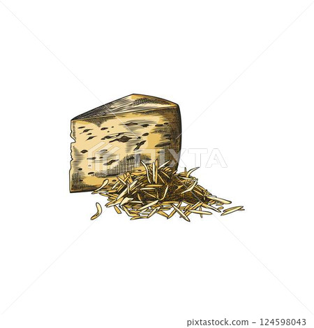 Edam cheese with holes triangle part and grated vector sketch, hand drawn healthy snack, Cheddar piece milk production 124598043