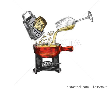 Cheese fondue cooking vector sketch, grated Edam cheese, garlic and glass of wine, fondue bowl heating on the stand 124598060