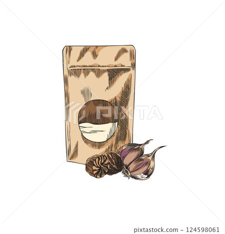 Vector watercolor sketch of ground and dried nutmeg packaging with garlic cloves. 124598061