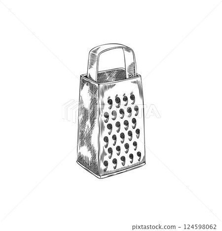 Kitchen grater equipment sketch icon, hand drawn vector engraved cooking utensil for grated cheese, vegetables and fruit 124598062
