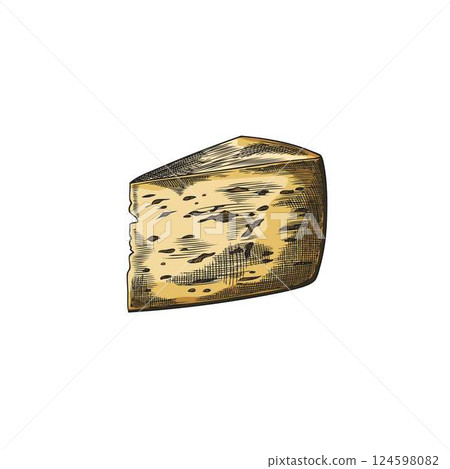 Edam cheese with holes triangle piece vector sketch, hand drawn healthy milk snack, Emmental yellow cheese with holes 124598082