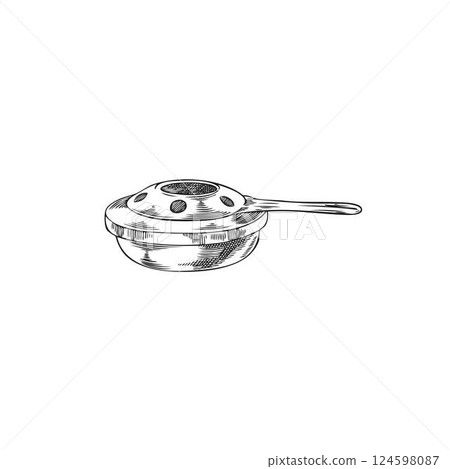 Container with handle for heating fondue bowl hand drawn vector engraved illustration, fondue cooking utensil burner Container with handle for heating fondue bowl hand drawn vector engraved illustration, fondue cooking utensil burner 124598087