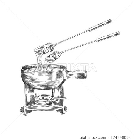 Monochrome sketch of fondue pot with forks holding pieces of loaf with melted cheese. 124598094