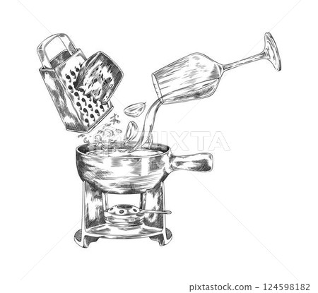Making cheese fondue with fondue pot, grater, cheese, glass of wine, and garlic. Making cheese fondue with fondue pot, grater, cheese, glass of wine, and garlic. 124598182