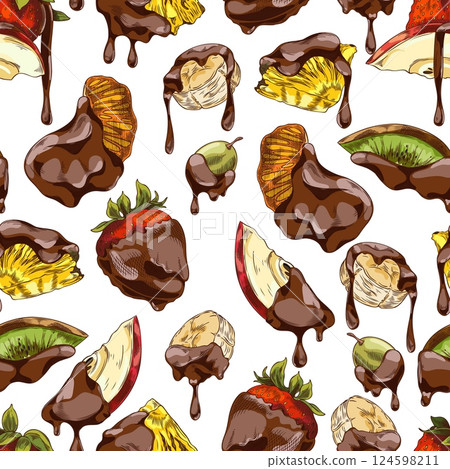 Berries and pieces of fruit with melted dark chocolate hand drawn vector seamless pattern design, fondue dessert sketch 124598211