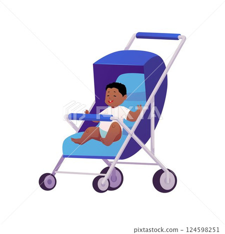 Cute happy baby sitting in baby carriage, stroller, vector cartoon dark skin boy walking in blue pram, infant transport 124598251