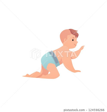 Vector illustration of cute little boy in blue diaper crawling and pointing with raised hand. 124598266