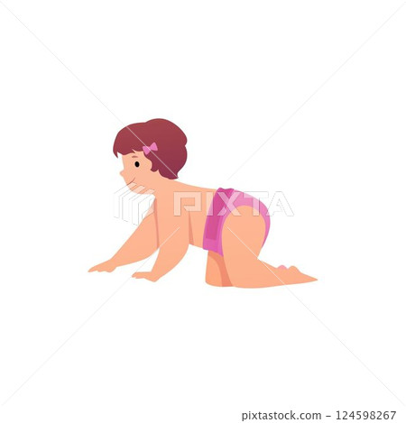 Vector illustration of little girl crawling in pink diaper and bow. 124598267