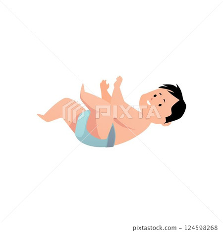 Vector illustration of happy baby boy in diaper lying on his back. 124598268