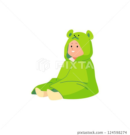 Cute little baby sitting in green towel with muzzle and ears, vector cartoon first year child wiping after bath shower 124598274