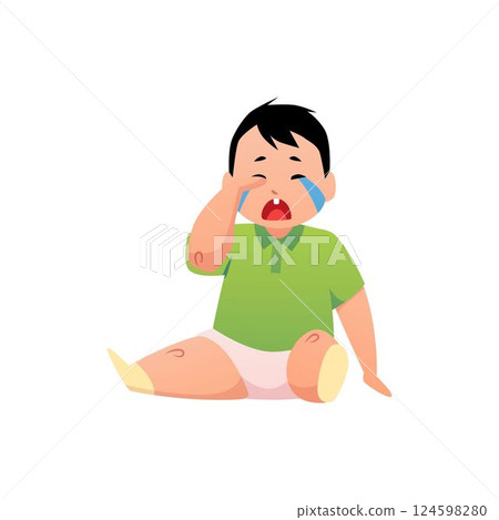 Cute little baby in diaper sitting and crying, vector cartoon first year child expression of sadness, capricious toddler Cute little baby in diaper sitting and crying, vector cartoon first year child expression of sadness, capricious toddler 124598280