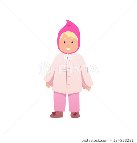 Cute beautiful blond baby girl in outerwear and a pink hat, vector cartoon lovely toddler going for a walk, happy infant 124598281