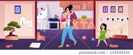 Young mother carrying baby in hand and speaking on smartphone, crying dirty girl, vector motherhood at disorder home Young mother carrying baby in hand and speaking on smartphone, crying dirty girl, vector motherhood at disorder home 124598283