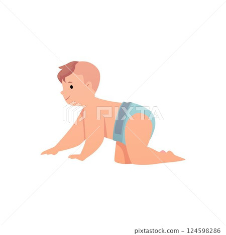 Cute lovely little baby in diaper, vector cartoon active baby learn to craw, first year child, healthy boy girl infant 124598286