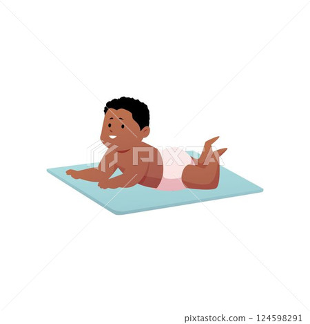 Little dark skinned baby boy lying on his stomach on blue rug or blanket in diaper. 124598291