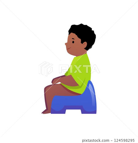 Cute baby boy sitting on blue potty, vector cartoon smile toddler learning to use potty, first year old child hygiene 124598295