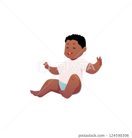 Cute happy baby boy in diaper sitting and laughing, vector cartoon first year of dark skin child, funny infant, toddler 124598306