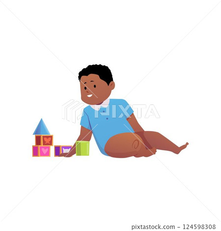 Vector illustration of a dark-skinned little boy sitting near colorful blocks. 124598308