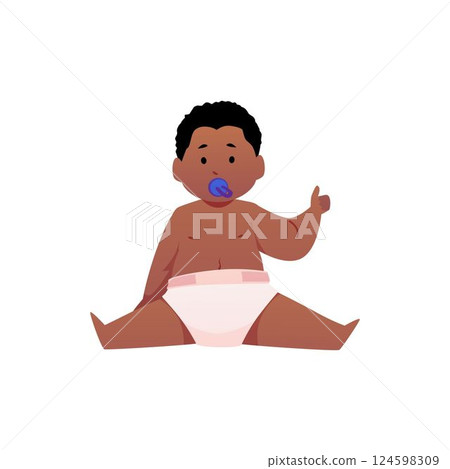 Cute little baby boy in diaper sitting with blue pacifier and showing thumbs up gesture, vector first year of infant Cute little baby boy in diaper sitting with blue pacifier and showing thumbs up gesture, vector first year of infant 124598309