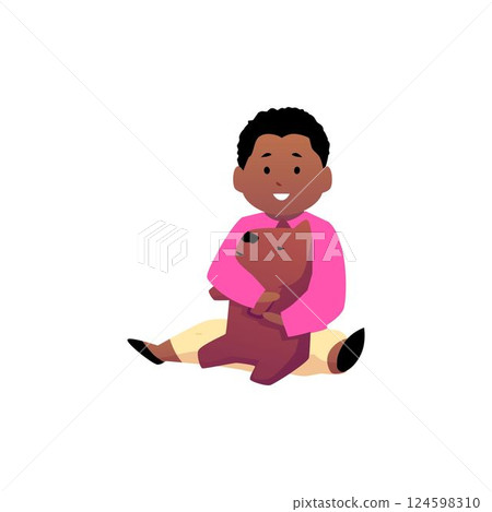 Cute happy baby boy sitting and hugging the dog toy, vector cartoon first year of dark skin child, funny infant, toddler 124598310