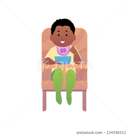 Cute lovely little baby sitting in high chair and eating with a spoon, vector cartoon first year child feeding, infant Cute lovely little baby sitting in high chair and eating with a spoon, vector cartoon first year child feeding, infant 124598312