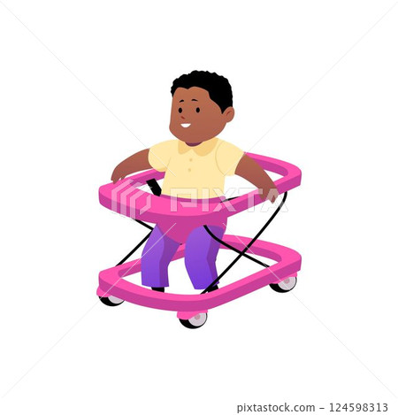 Cute little baby boy walking on baby walker, vector cartoon first year of dark skin child activity, toddler evolution Cute little baby boy walking on baby walker, vector cartoon first year of dark skin child activity, toddler evolution 124598313
