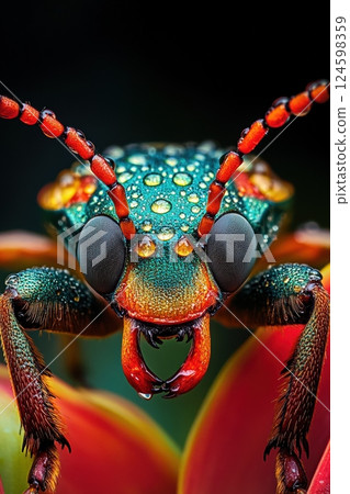 Close-up of colorful beetle with water droplets on antennae and shell for nature and insect enthusiasts 124598359