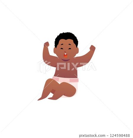 Vector illustration of sitting little crying baby boy in diaper with hands up. 124598488
