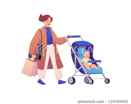 Vector illustration of mother with bags in hands and baby in baby carriage. 124598493