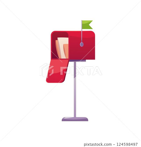 Red mailbox with open door and letters, envelope and parcel package inside, raised green flag vector flat illustration Red mailbox with open door and letters, envelope and parcel package inside, raised green flag vector flat illustration 124598497