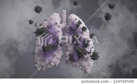 香菸煙霧引起的肺癌、癌細胞增生和轉移的 3D 圖示 香菸煙霧引起的肺癌、癌細胞增生和轉移的 3D 圖示 124598509