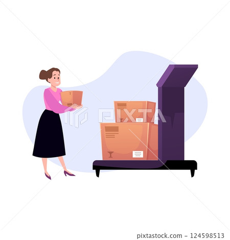 Woman checking weight of cardboard boxes, vector flat measuring boxes, scale weight cargo industrial shipping concept Woman checking weight of cardboard boxes, vector flat measuring boxes, scale weight cargo industrial shipping concept 124598513