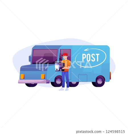 Delivery courier man carrying package with delivery truck, postal service, vector flat deliver parcel order to customer Delivery courier man carrying package with delivery truck, postal service, vector flat deliver parcel order to customer 124598515