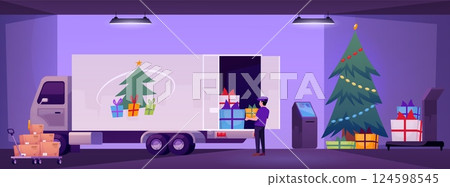 Courier loading festive box packages in delivery truck, vector postal service in New Year holiday season, gift parcels Courier loading festive box packages in delivery truck, vector postal service in New Year holiday season, gift parcels 124598545