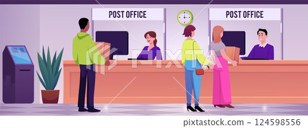 Post office illustration with staff sitting at computers and customers with parcels in their hands. 124598556