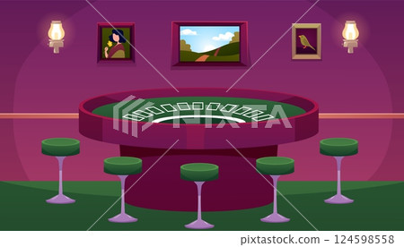 Poker round table with roulette, casino room interior, gambling game with cards and chips vector cartoon illustration 124598558
