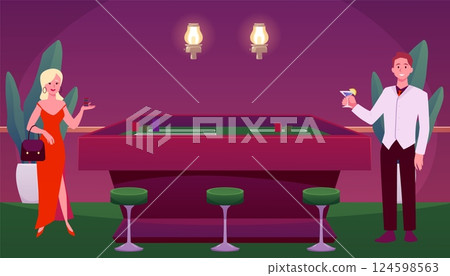 Smiling couple standing at poker table, gambling game with cards and chips, casino entertainment vector illustration 124598563