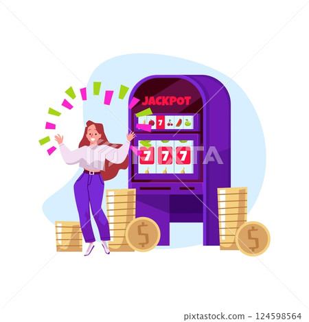 Woman wins jackpot on casino slot machine, gambling game, red slot machine with victory 777 symbols vector illustration Woman wins jackpot on casino slot machine, gambling game, red slot machine with victory 777 symbols vector illustration 124598564