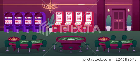 Slot machines and poker tables in casino interior, win jackpot casino, gambling game, vector flat entertainment industry 124598573