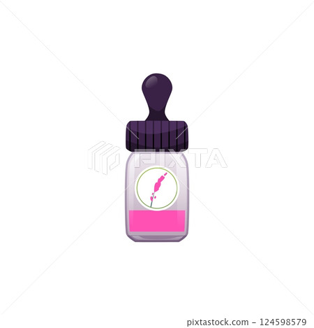 Vector of glass bottle with pink liquid inside and flower on label. Flask with aroma oil. Vector of glass bottle with pink liquid inside and flower on label. Flask with aroma oil. 124598579