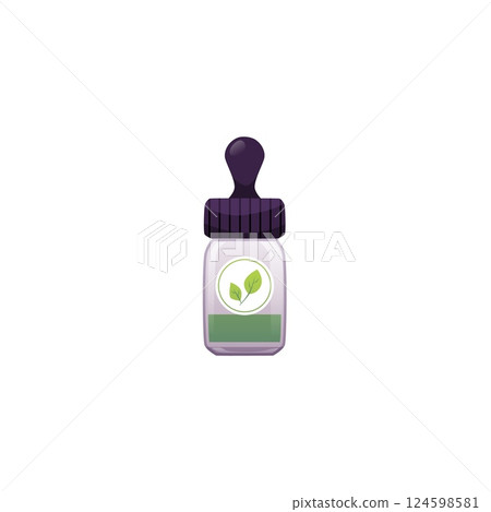 Aroma bottle. Vector of dropper bottle with green liquid inside and round label with leaf. 124598581