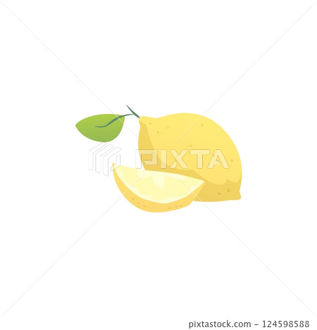 Vector illustration of whole lemon with green leaf and slice. 124598588