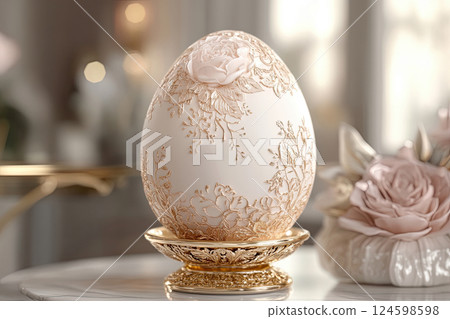 Easter egg in luxury interior with golden and silky painting. 124598598