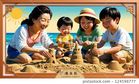 A family playing in the sea in summer 124598777