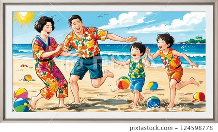 A family playing in the sea in summer 124598778