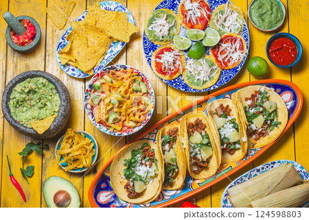 Delicious Mexican feast featuring Aztec soup, chalupas, and festive dishes for celebrations independence day y 5 de mayo 124598803