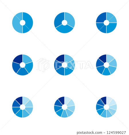 Set of circle pie charts. Financial analysis data 2,3,4,5,6,7,8,9,10 sections elements for business presentation, Vector Illustration 124599027
