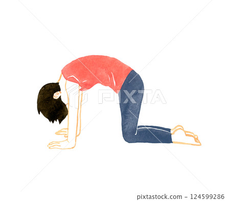 Woman doing cat and cow pose (cat pose) Yoga/stretching hand-drawn watercolor illustration Woman doing cat and cow pose (cat pose) Yoga/stretching hand-drawn watercolor illustration 124599286