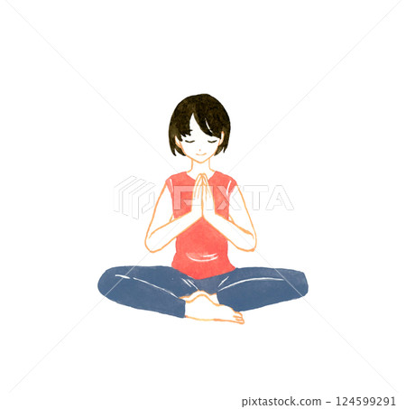 女人盤腿而坐，雙手合十祈禱 — — 手繪水彩畫瑜珈與伸展運動 124599291